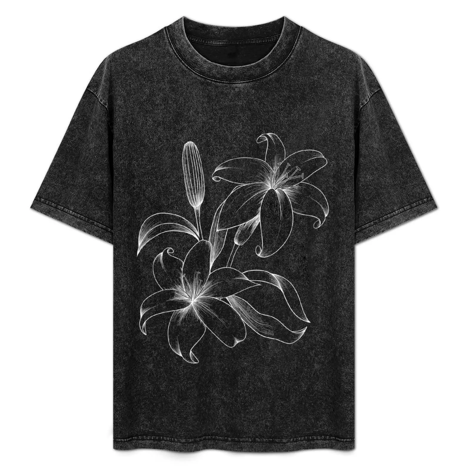 

Lily Line Art Black Background White Lines T-Shirt boys animal print custom shirt summer tops graphics black t-shirts for men