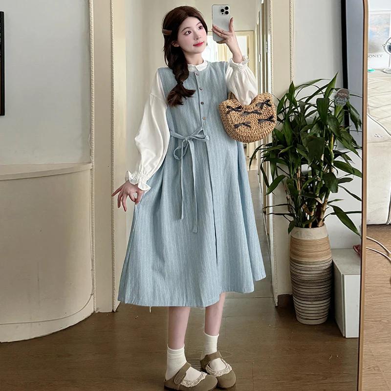 Korean Style Maternity Denim Blue Dress Sleeveless Button Fly Plus Size Pregnant Woman Vest Dress Long Loose Fashion Tank Dress