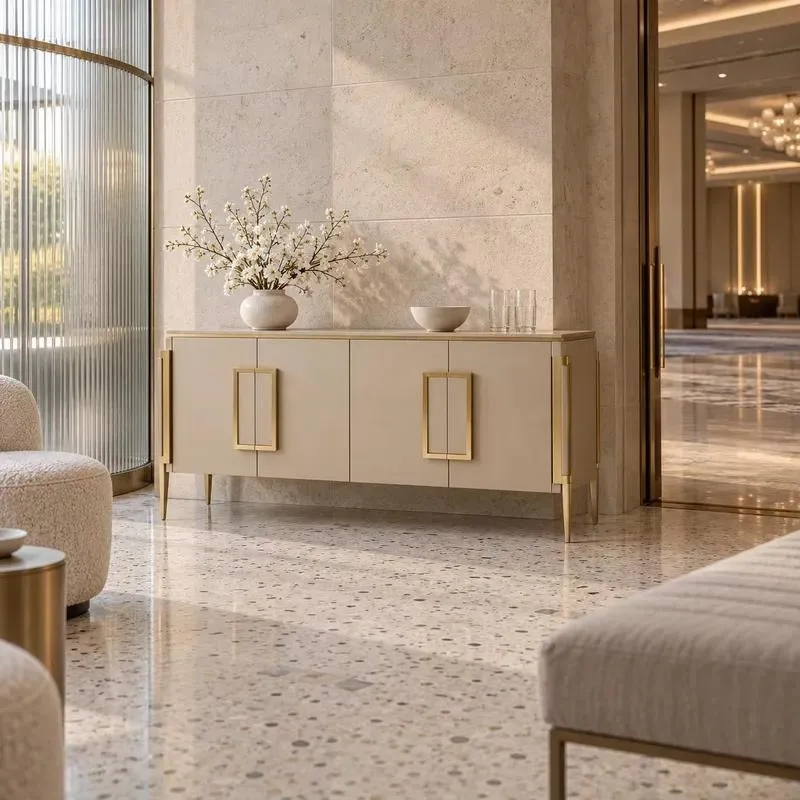 for WYRAX Champagne Gold Side Cabinet with Storage Racks and Wide Visualizer for Hotel Lobby Reception Area