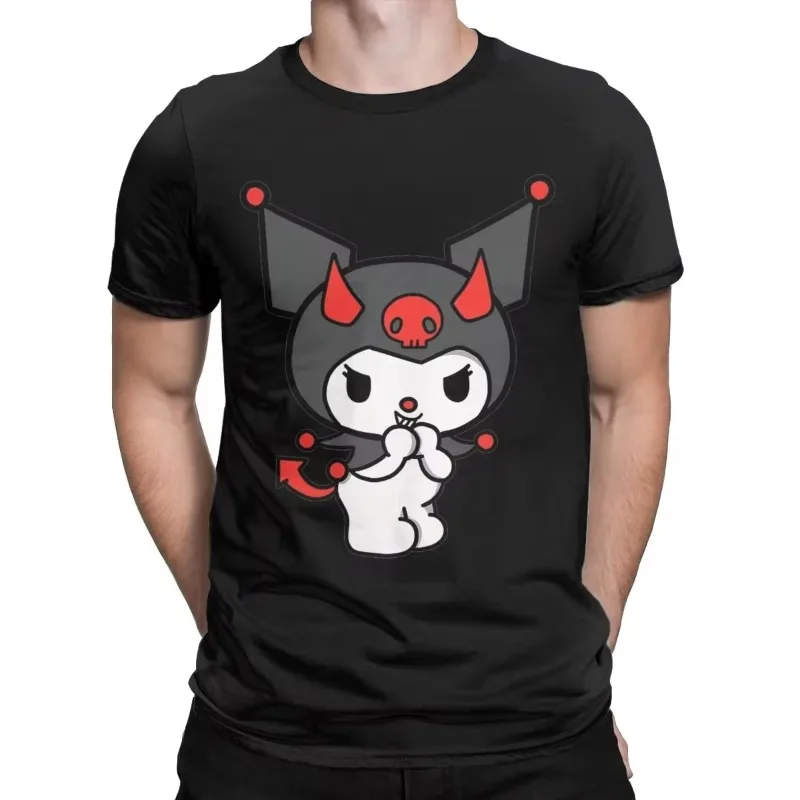 Male Novelty T-Shirts Kuromi Devil Sanrio Kawaii Round Collar Short Sleeve Men Tee Summer Casual Daily Fashion Tops Versatile