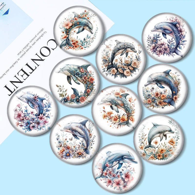 

Floral Dolphin Clipart 12mm/18mm/20mm/25mm Round photo glass cabochon flat back Making findings keychain