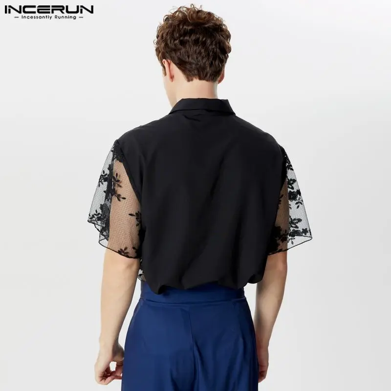 Incerun-Men's Lace Patchwork lapela manga curta camisa transparente, roupas de verão, moda sexy, streetwear, S para 5XL, 2024