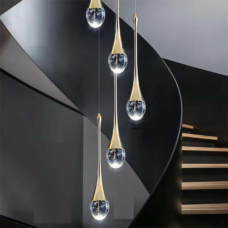 Modern Luxury Staircase Chandelier for Villa Living Room, Simple Lobby Lamp for Dining Room with Crystal LED Lighting.