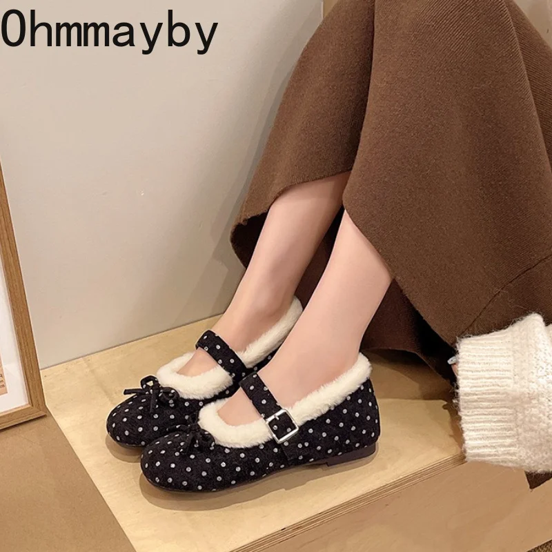 Internal Elevation Women Square Toe Mary Jane Shoes Polka Dot Strap Casual Flat Shoes Ladies Winter Warm Short Plush Dress Shoes - view 4