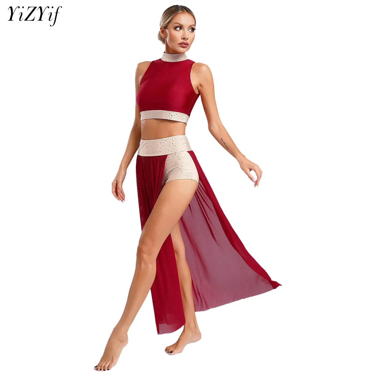 Modern Ballet Dance for Women Mesh Top Wide Leg Pants Skirt Attached 2 Piece Lyrical Outfits Ballerina Girls Stage Costume