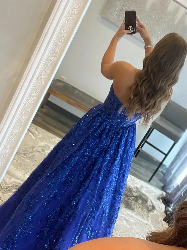 Personalizado Amanda encaje brillante bordado فسات jal chter ★ vestido de fiesta azul zafiro 2023 Gliiter sin tirantes A-line Vestidos clásicos