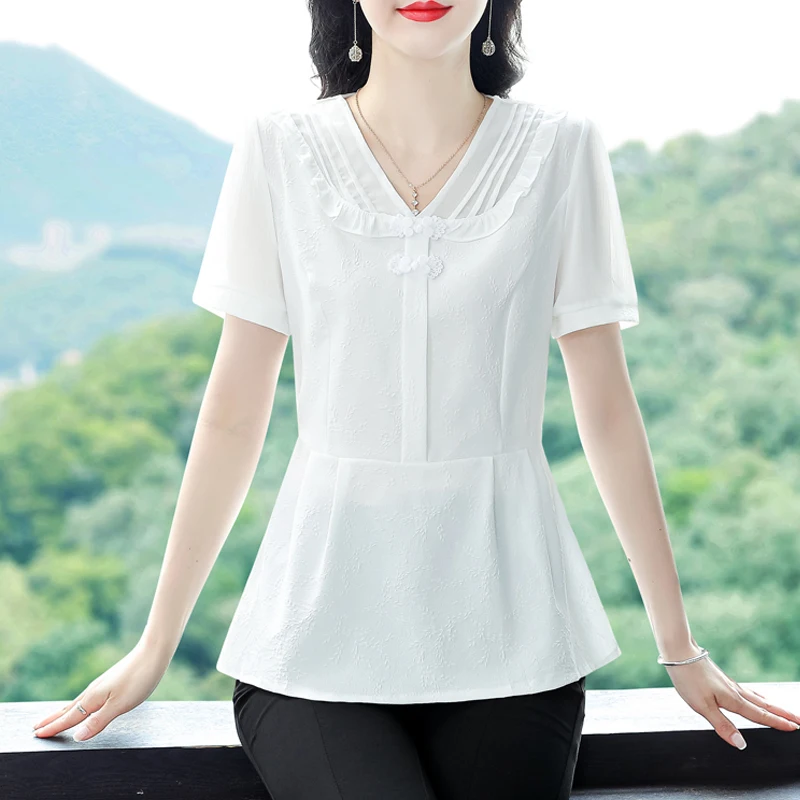 Women Ruffled Chinese Style Elegant Blouse Fashion Sweet Short Sleeve V Neck Shirt Casual Solid Slim Chic Tops Blusas Para Mujer