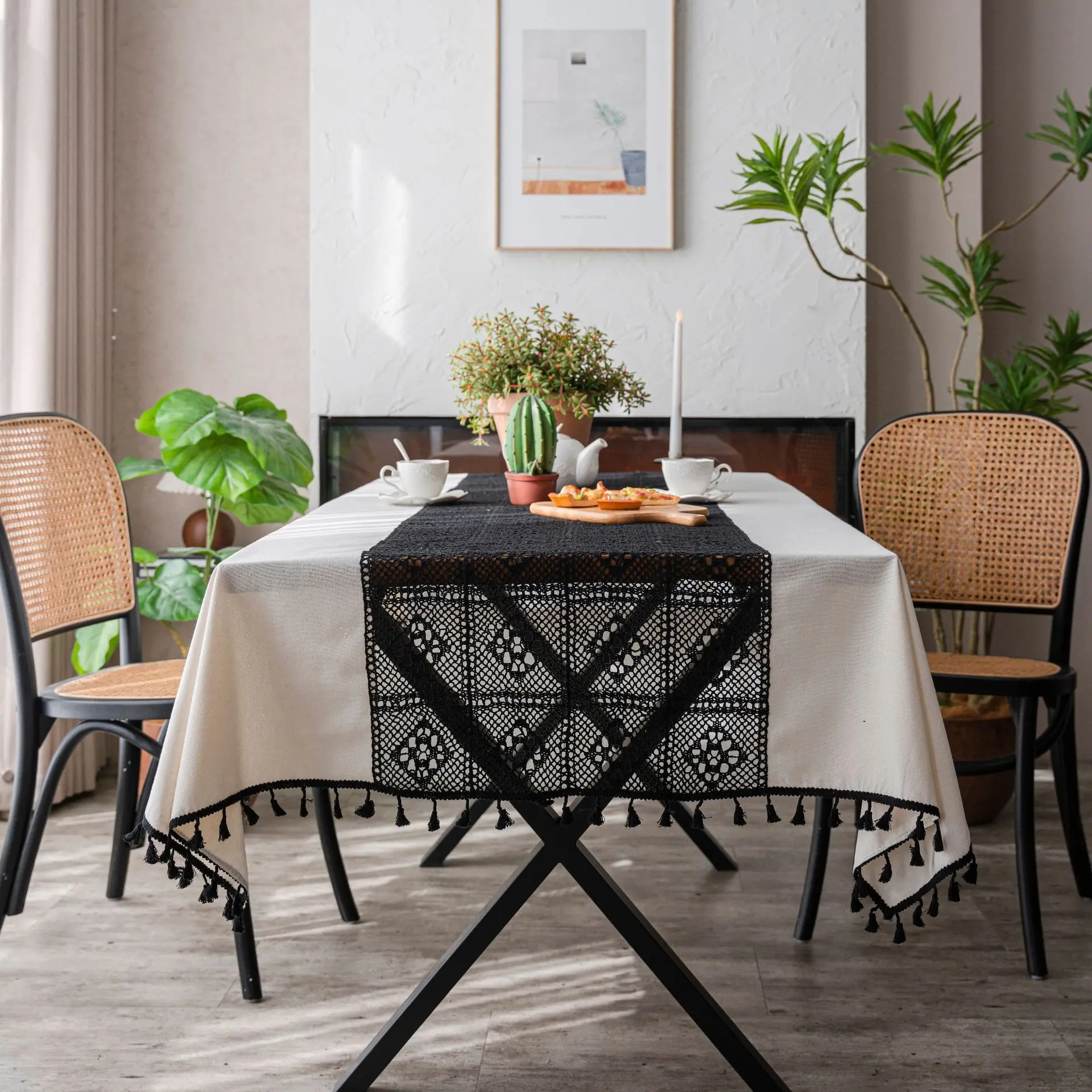 White Plain Hollow Out Tablecloth Simple Style Dining Table Cover for Restaurant Home