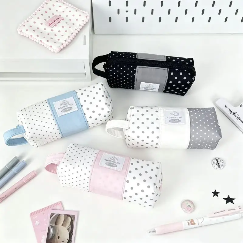Niedliches Polka-Dot-Federmäppchen mit großem Fassungsvermögen und Griff, tragbare Aufbewahrungstasche, Kosmetiktasche, Schreibwaren-Organizer – Detail 2