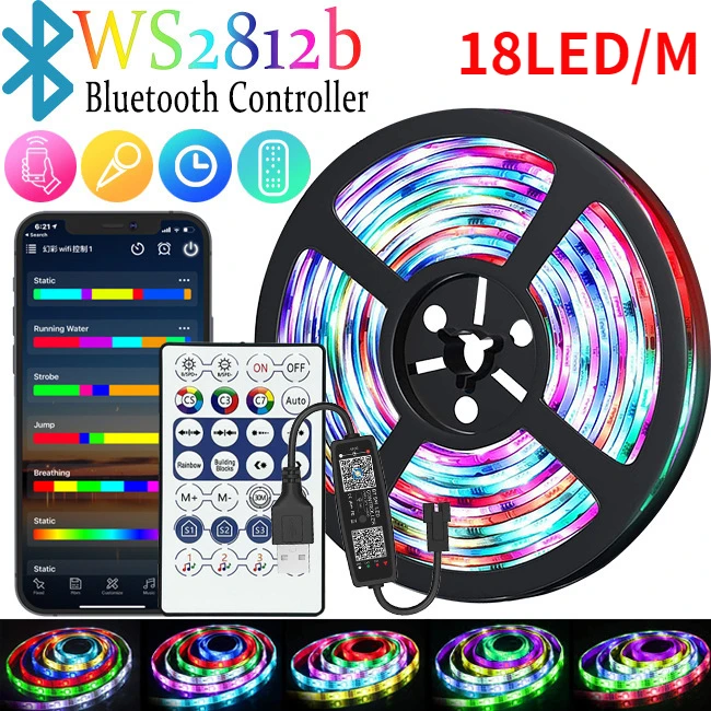 

Набор светодиодных лент WS2812B RGBIC, беспроводной Радиоконтроллер с дистанционным управлением, 18 светодиодов/м или 28 клавиш, Bluetooth, 5 в постоянного тока, для украшения дома