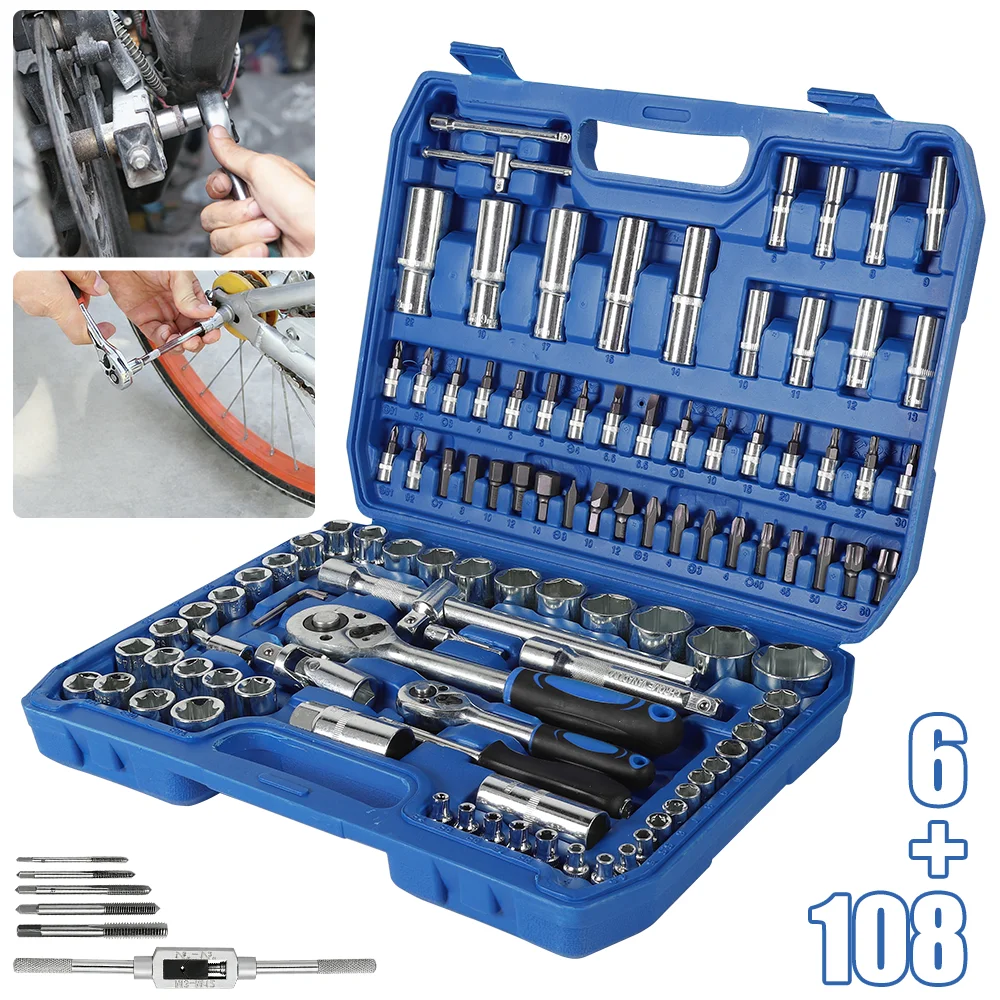 Set di 114 Pezzi di Chiavi a Bussola con Cricchetto, Kit Combinato di Chiavi Dinamometriche a Cricchetto per Riparazione Auto, Kit Combinato di Chiavi Dinamometriche a Cricchetto 1/4 1/2, Utensile