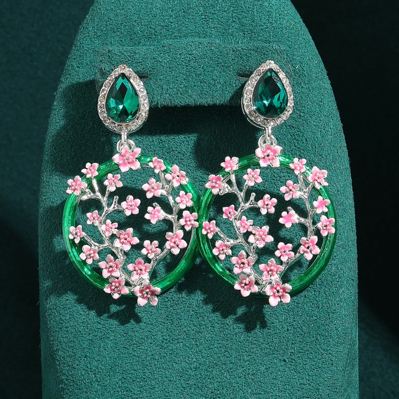 

Vintage Round Green Crystal Peach Flower Drop Earring Natural Stone Silver Color Women Luxury Chinese Style Dating Charm Jewelry