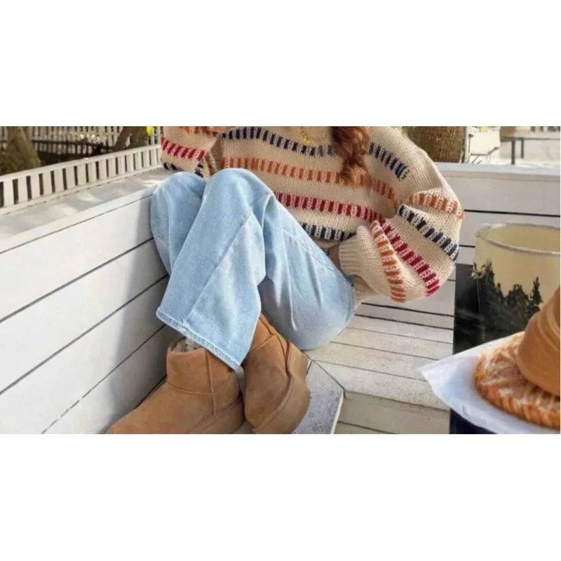 

Casual fashion retro color matching rough knitted loose bat sleeve women's sweater