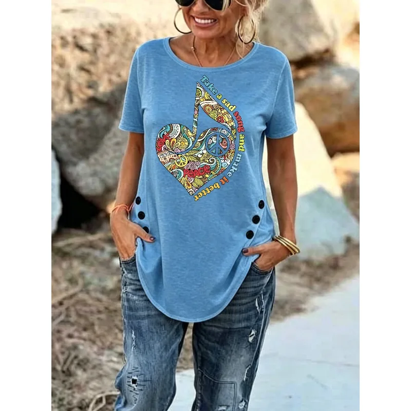 ilstile Women's Hippie Retro Peace Letter Print T-Shirts Summer Short Sleeve Casual Loose Round Neck Tops Tees NEW