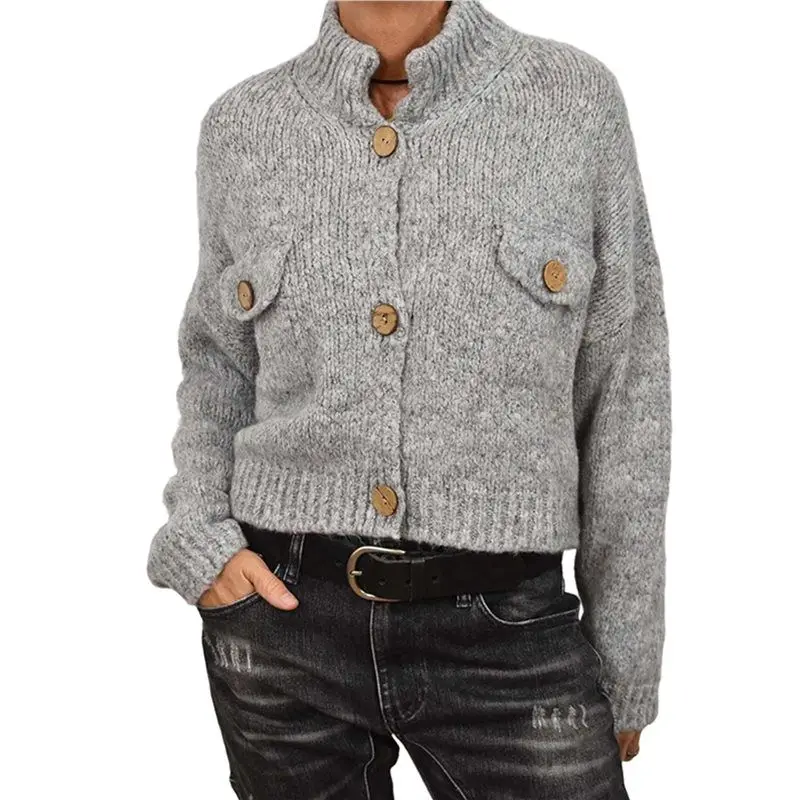 ABAH-Womens Cropped Cardigan Sweaters Button Up Chunky Knit Long Sleeve Stand Collar Open Front Loose Jackets