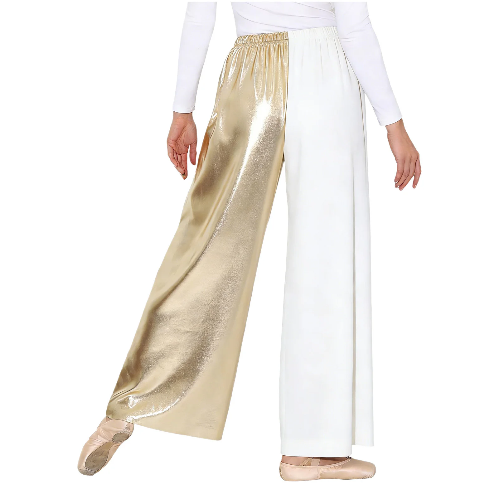 

Women Lyrical Dance Pants Color Blocking Trousers Metallic Shiny Wide Leg High Waist Pants Ballet Modern Contemporary Dancewear