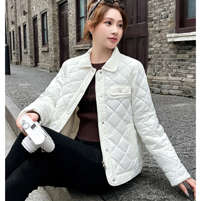 Autumn Winter Coat Women Short Lightweight Down Cotton Jacket Small Fragrance Style Fashion Lapel Cotton Jacket Female Outerwear