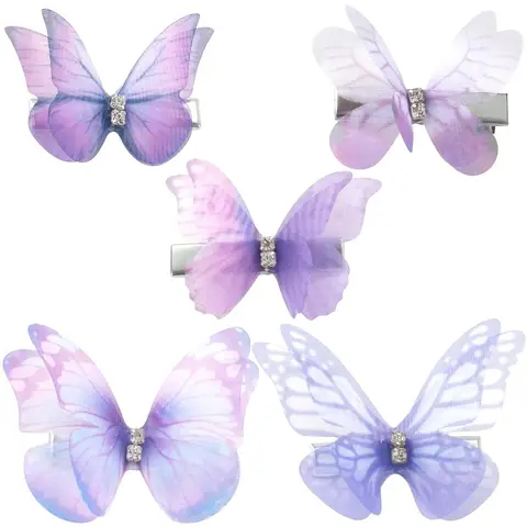 5 pinzas para el cabello de mariposa, horquillas de organza antideslizantes, pasadores para el cabello con diamantes de imitación degradados morados, accesorios para mujeres gruesas