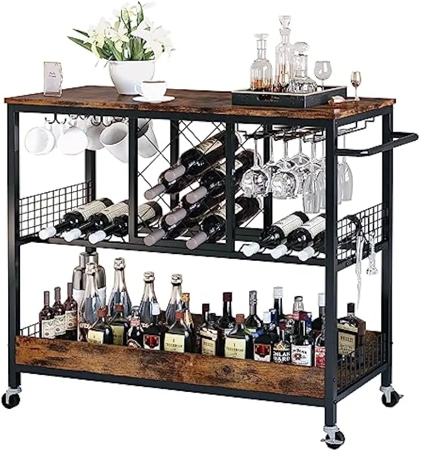 Bar Cart, Serving Cart with Wine Rack Glasses Holder Kitchen Cart on Wheels Wood and Metal Frame, Vintage Brown