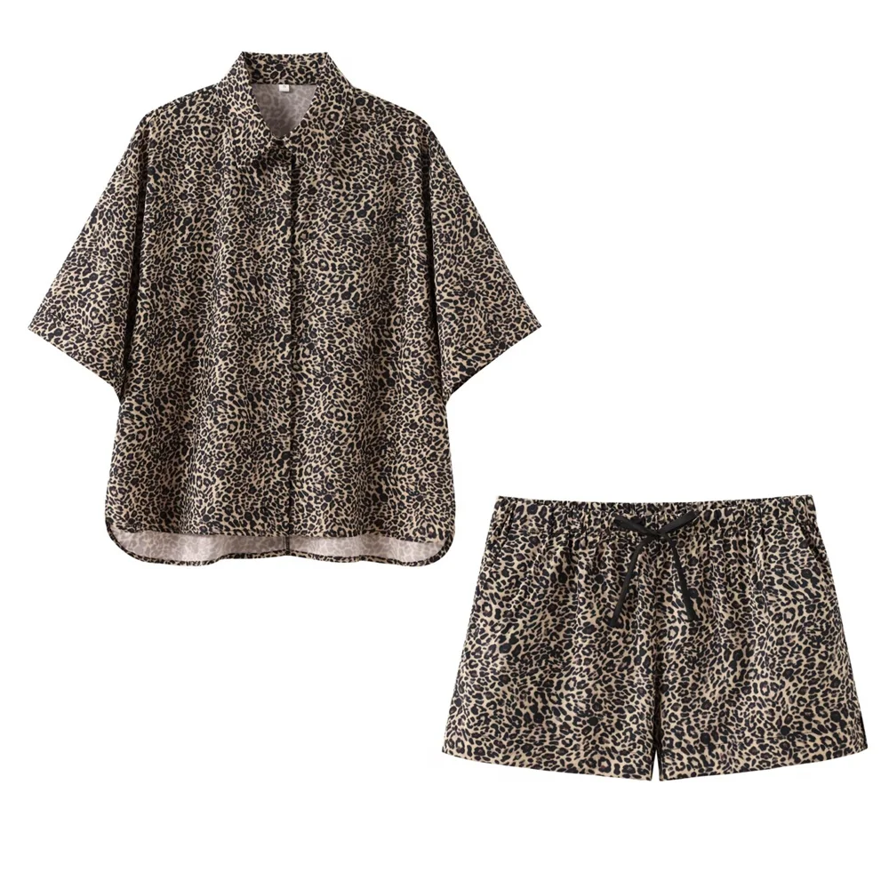 UNIZERA2024 Summer New Product Women\'s Simple Animal Pattern Printed Poplin Shirt Mid Waist Straight Short Shorts Set