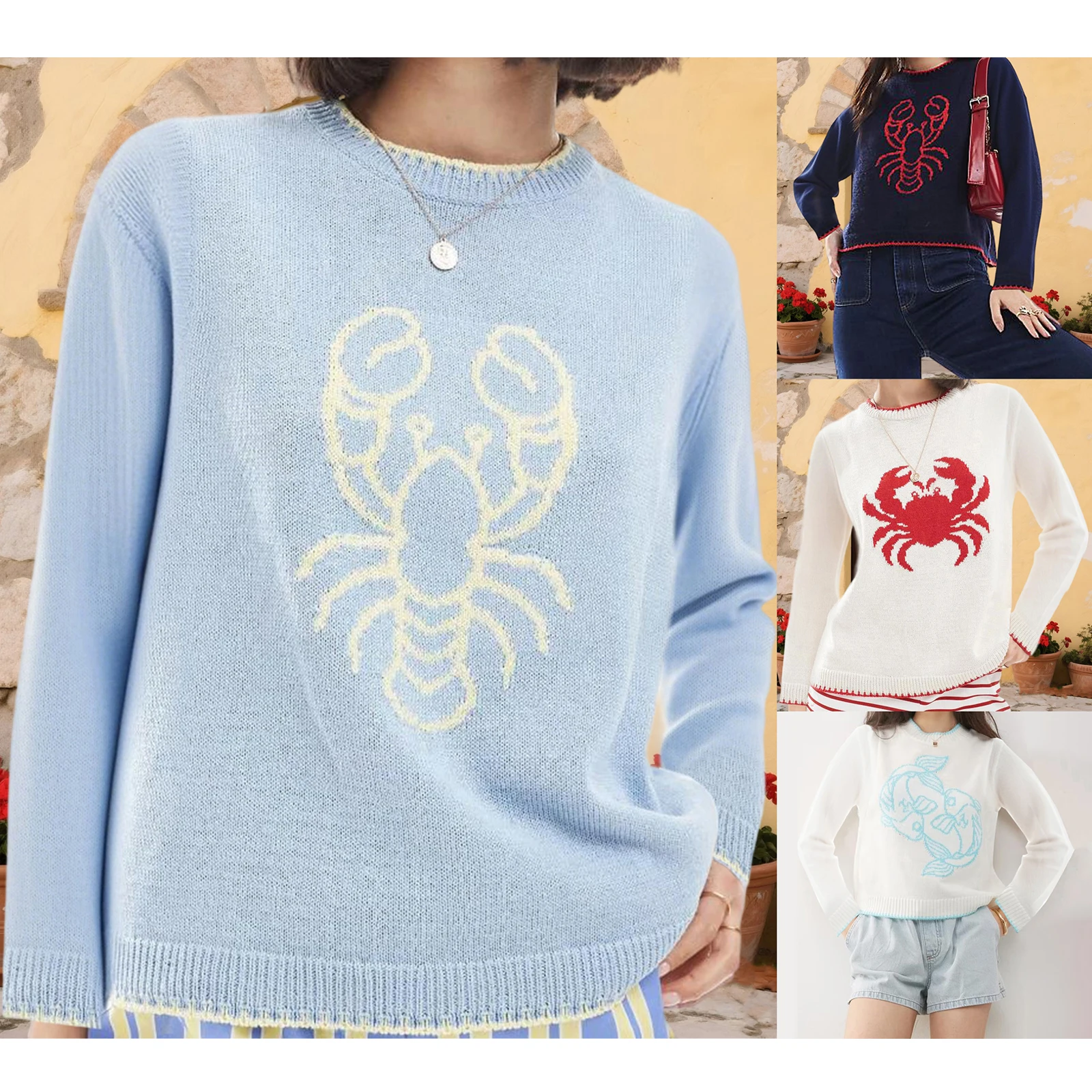 

Женский свитер с графическим рисунком, стильный пуловер с круглым вырезом и длинными рукавами в виде краба/омара, вязаные топы, повседневная зимне-осенняя одежда