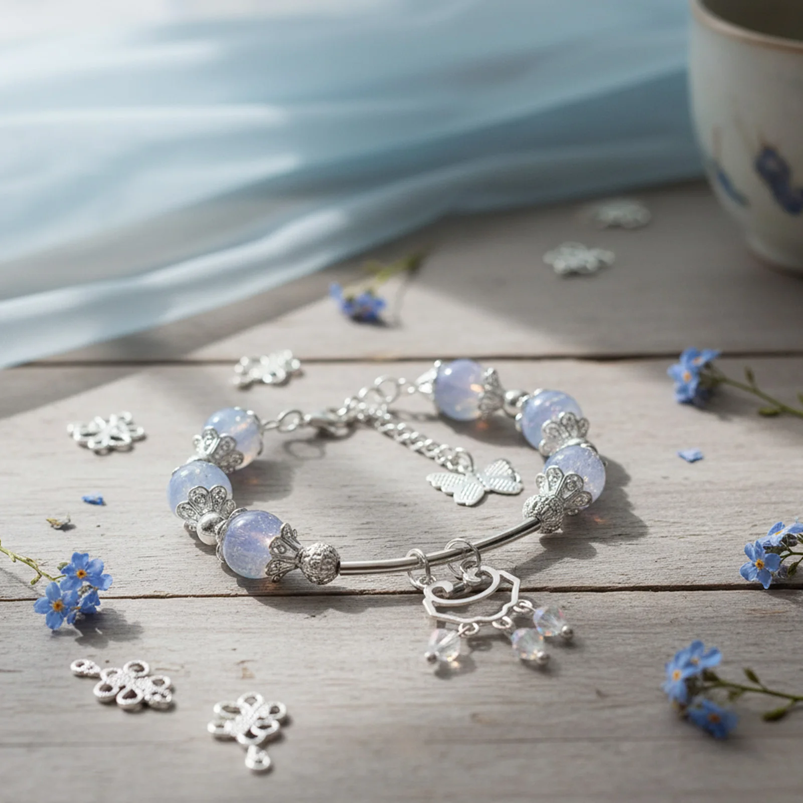 블루 버터플라이 윈드 차임 팔찌 조절 가능한 합금 뱅글 여성 소녀 선물용