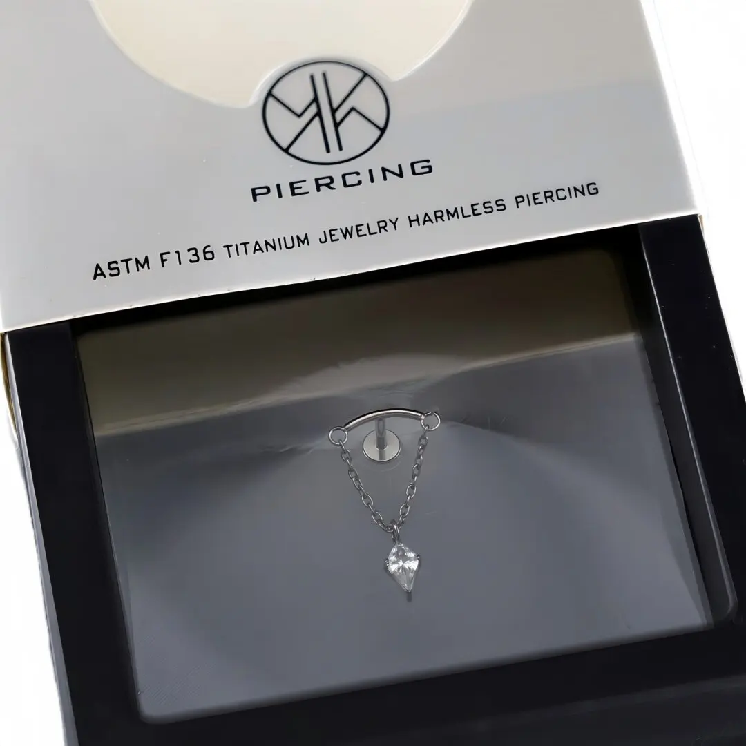 1PC F136 Implant Grade Titanium Internal Helix Delicate Chain Drop CZ Labret Cartilage Earring Flat Back Stud Sexy Jewelry