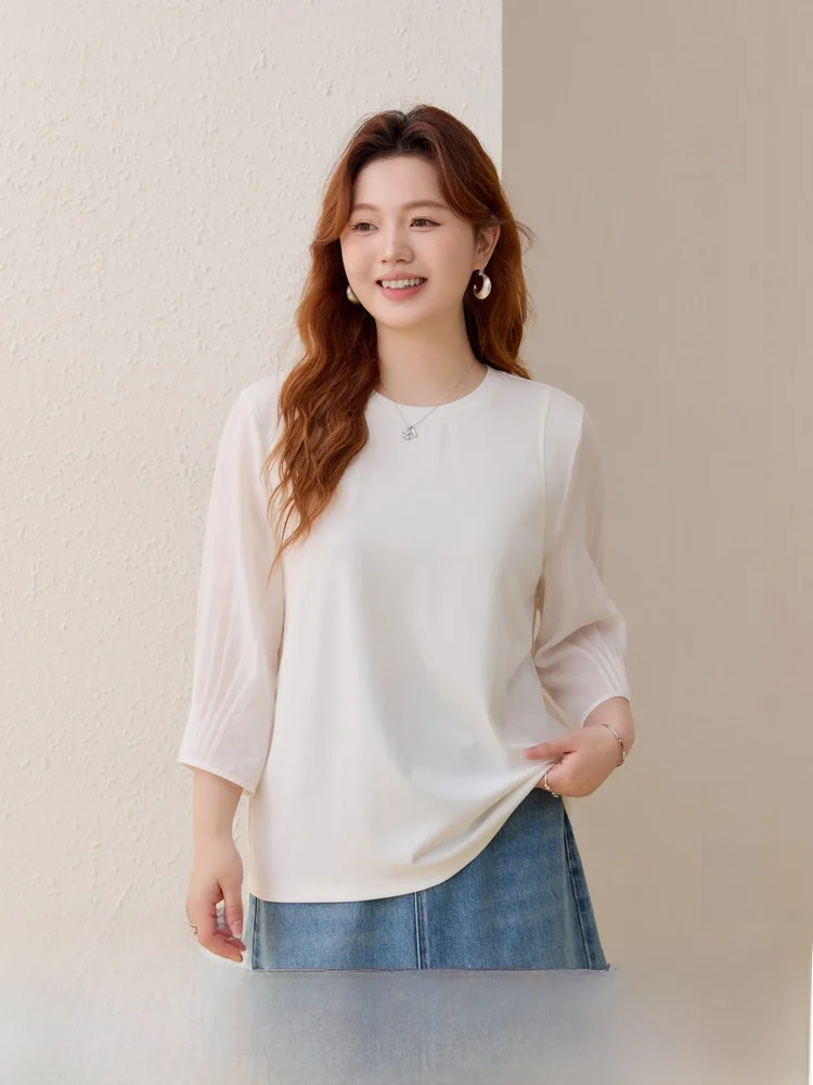 

Versatile round Neck Splice T-Shirt Elegant Atmosphere Large Size Women's Simple Style Summer New Arrival Slim Fit Commute Style