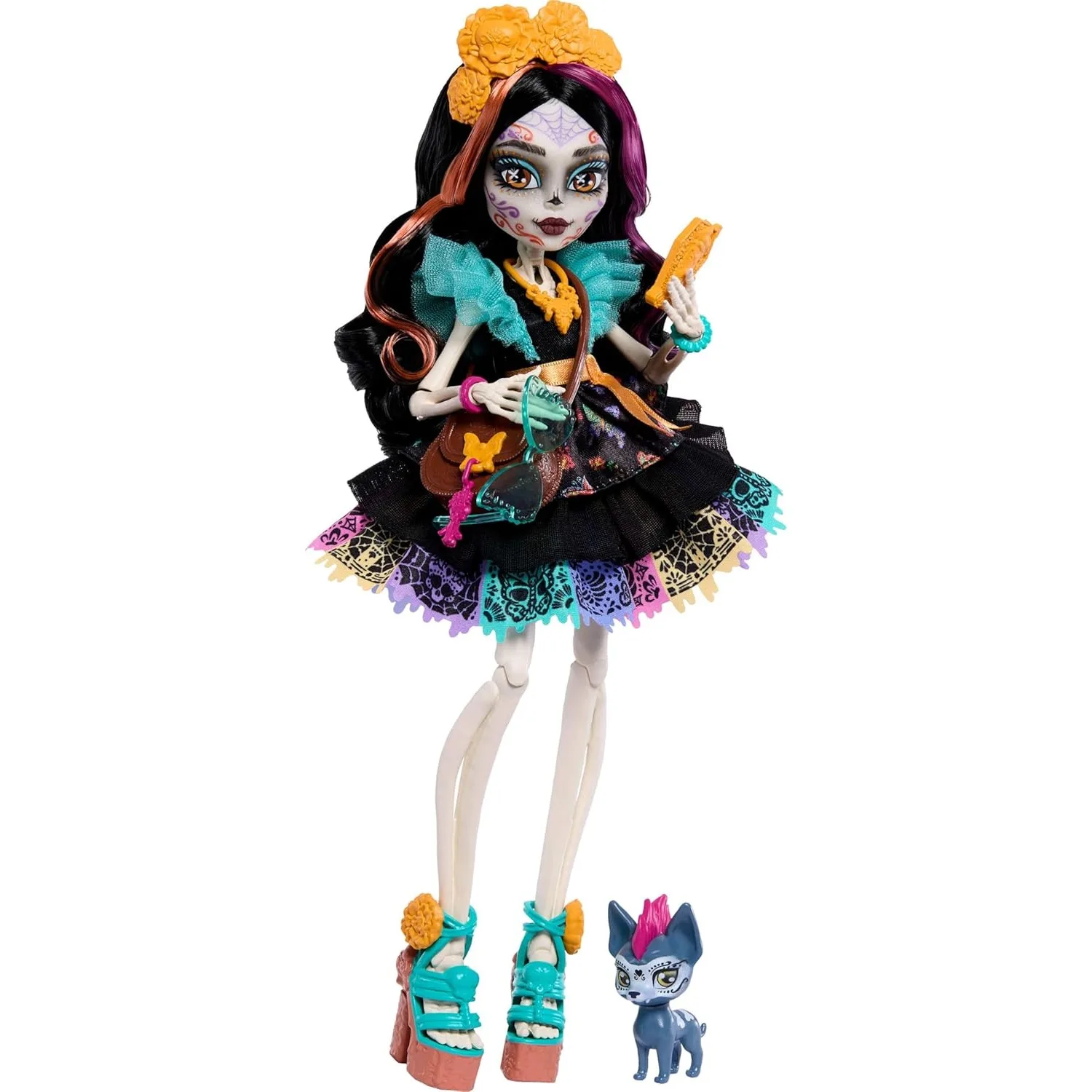 2026 New Original Mattel Monster High Doll Skelita Calaveras Colorful Papel Picado Dress  Pet Dog Candelita 7 Accessories JHK34