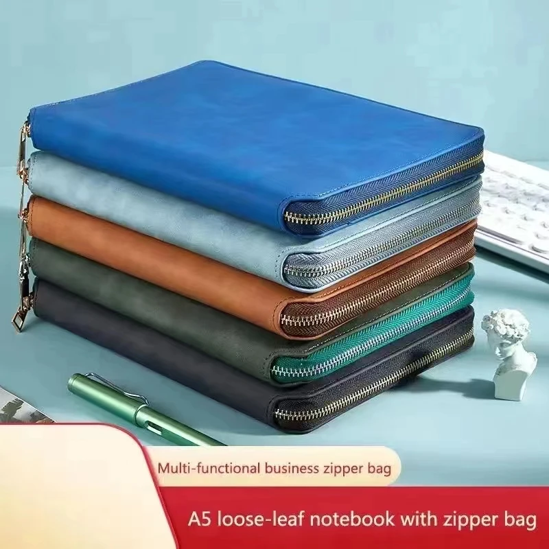 Zipper A5 Leather Business notebook and Journal with Binder Notepad 6 Rings Agenda Planner Stationery Organizer