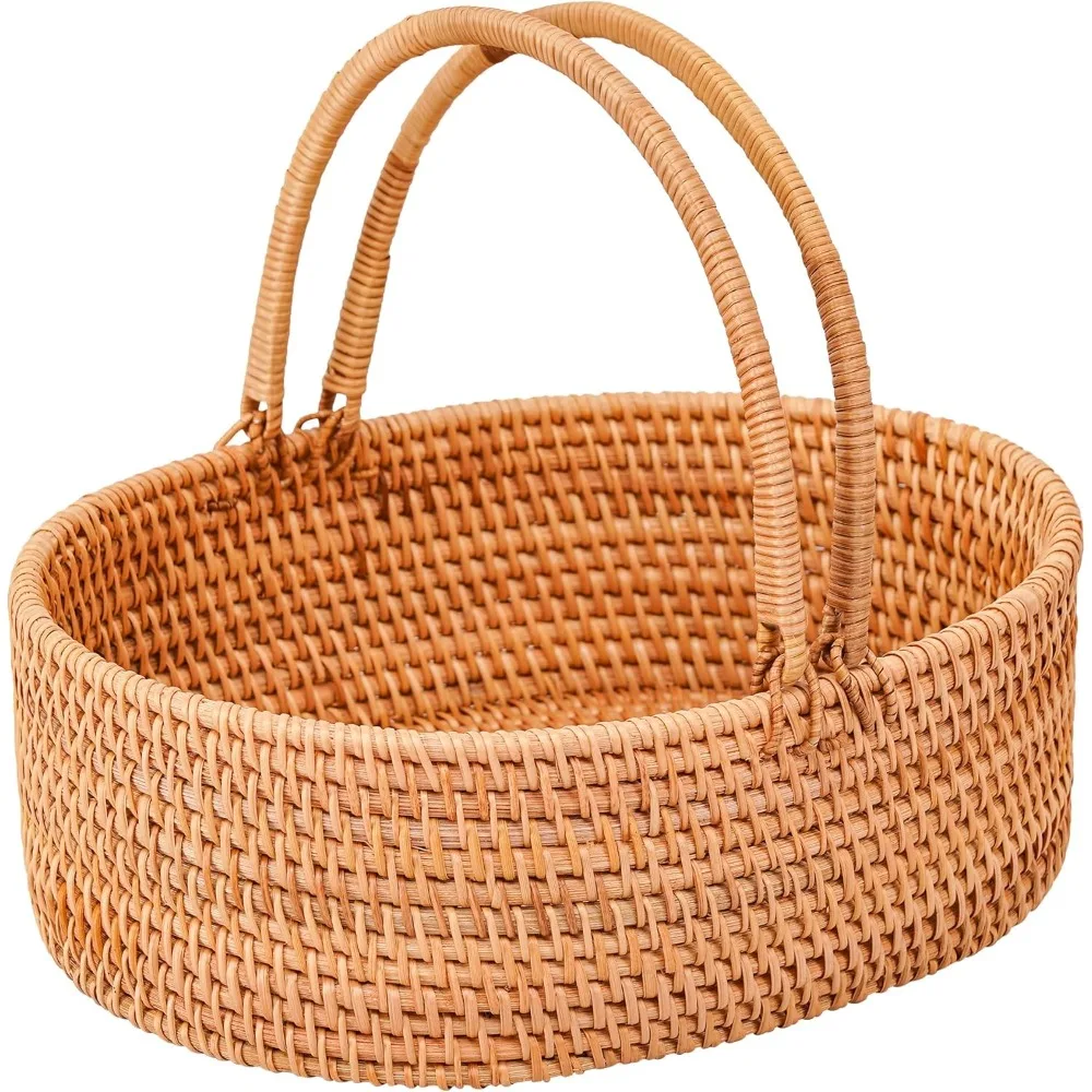 

Rattan Picnic Basket with Handles, Oval Wicker Gift Hand-Woven for Fruit (13.8"×10.2"×5.1")