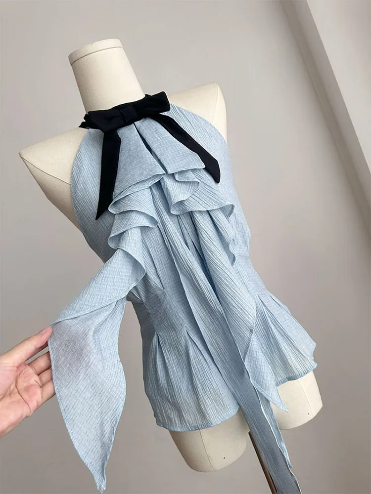 French Elegant Sweet Romantic Blue Bow Crop Top Women Sexy Off Shoulder Ruffle Blouses Summer 2024 Fashion Chiffon Shirts Design