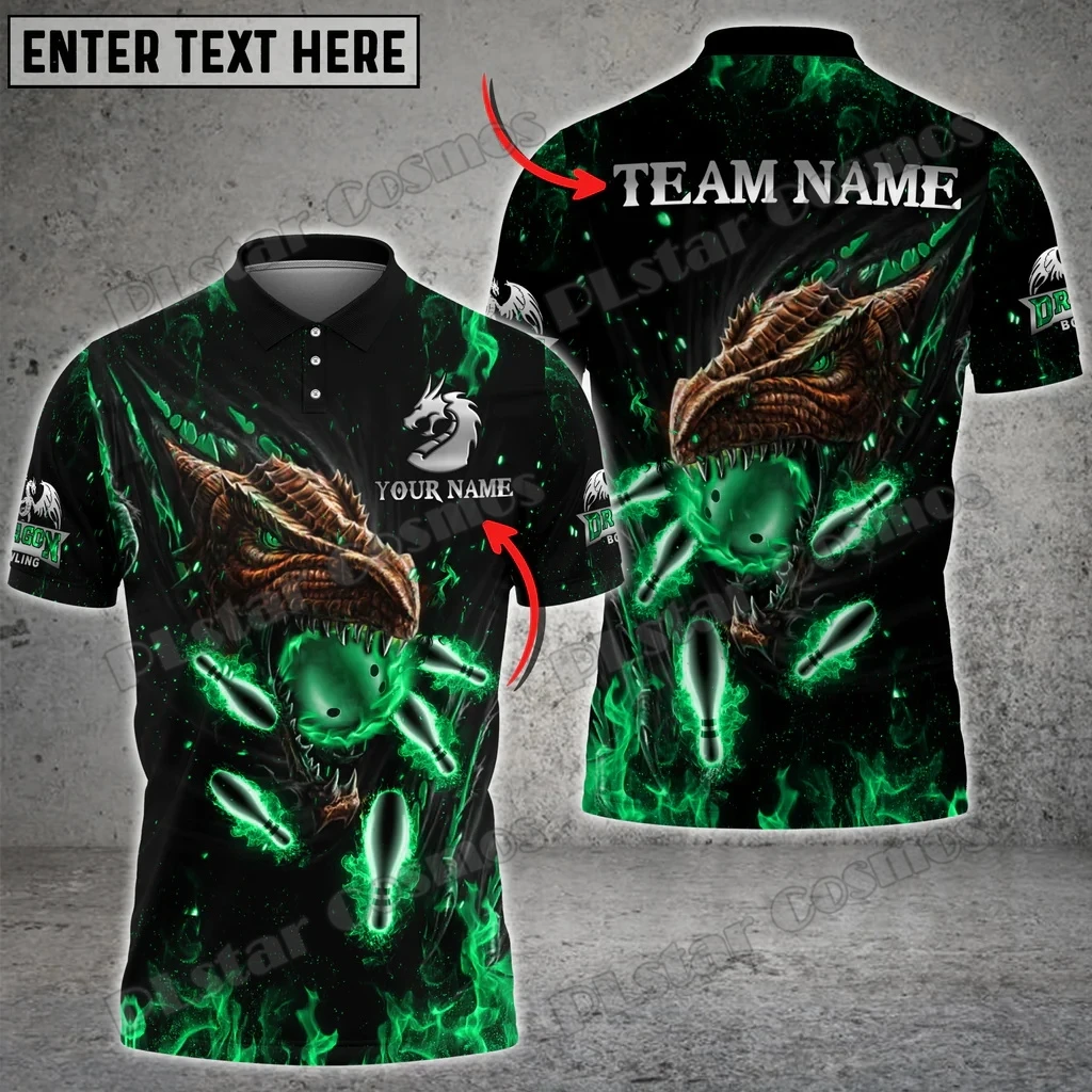 Flame Dragon Bowling And Pins Personalized Name 3D Printed Fashion Men\'s Polo Shirt Summer Street Unisex Casual Polo shirt WK116