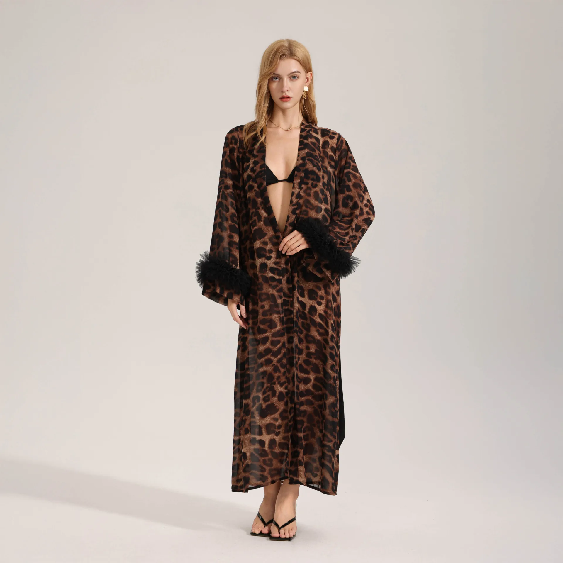 2026 New Leopard Print Nightgown for Women Summer/Autumn Long-Sleeved Lightweight Maxi Robe Pearl Gauze Wild Beauty Homewear 2