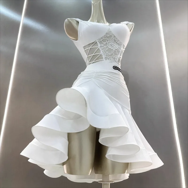 

Women Latin Dance Dress Outfits Lace Bra Tops Ruffled Skirt Adult Female Dance Competition Stage Performance Costumes