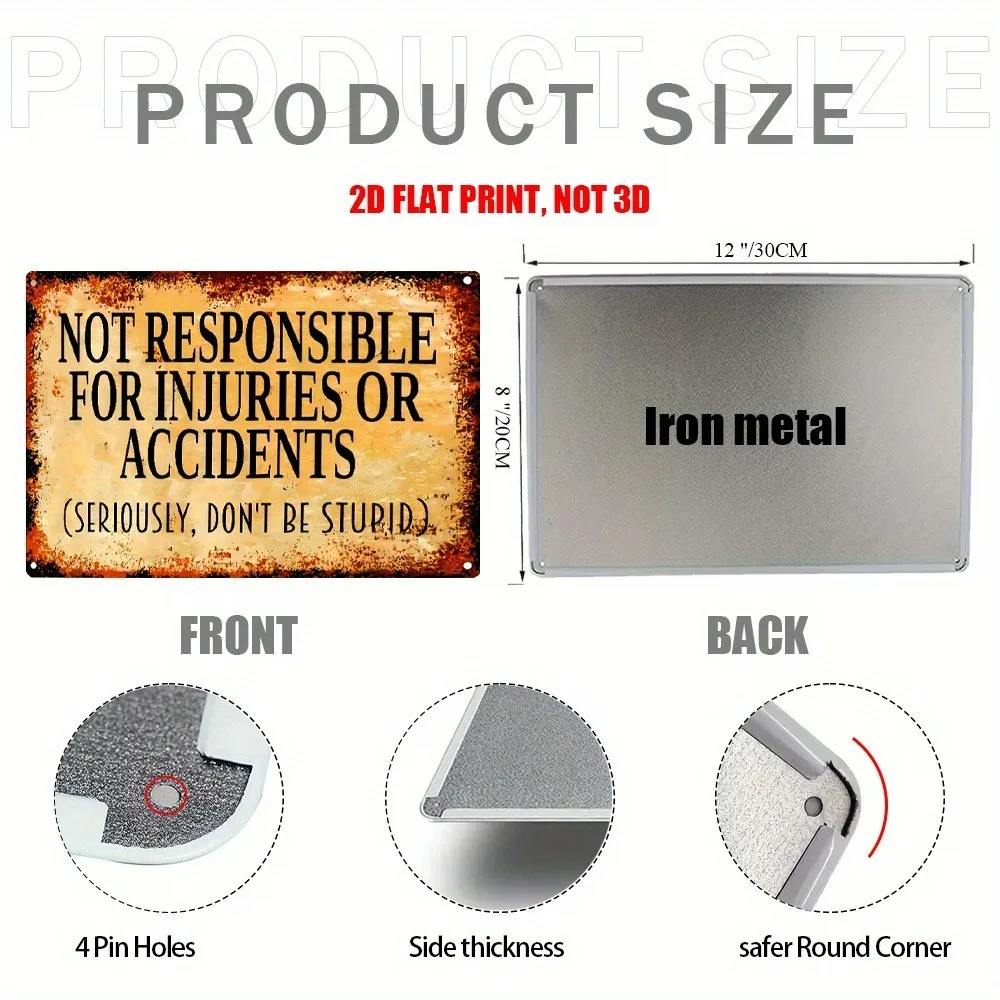 Vintage Not Responsible For Injuries Metal Tin Sign Humor Decor Garage/Shop 12×8 Metal Sign