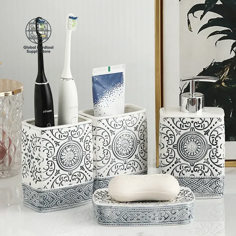 Bohemian Style Ceramic Bathroom Group Square Lotion Bottle High Color Mouthwash Cup Personality Toothbrush Cartridge