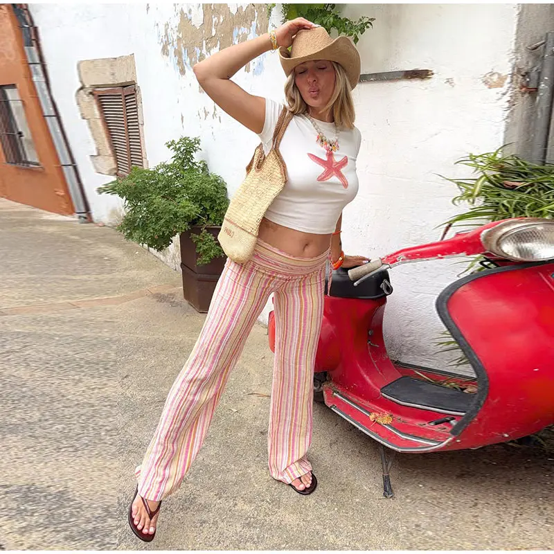Casual Contrast Striped Women's Pants Wave Cut Elastic Waist Female Wide Leg Trousers 2026 Autumn Lady Vintage Chic Pant