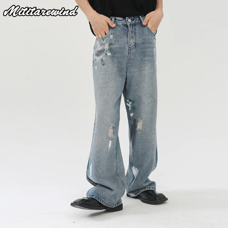 

Hip Hop Streetwear Painted Washed Jeans Men Casual Straight Mid-waist Denim Pants Men Baggy Jeans Denim Trousers Men