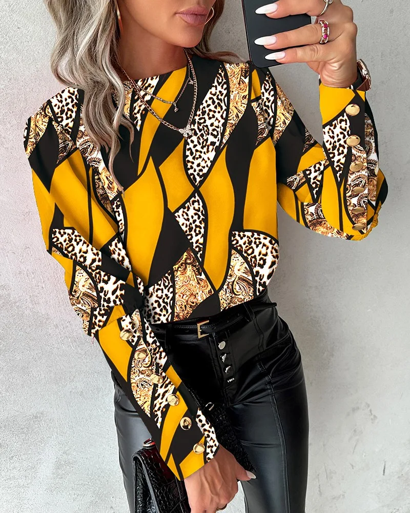 Boho Leopard Print Pullover Shirt Blouse Women Spring Autumn Fashion O-neck Long Sleeve Shirts For Women 2024 Casual Button Tops