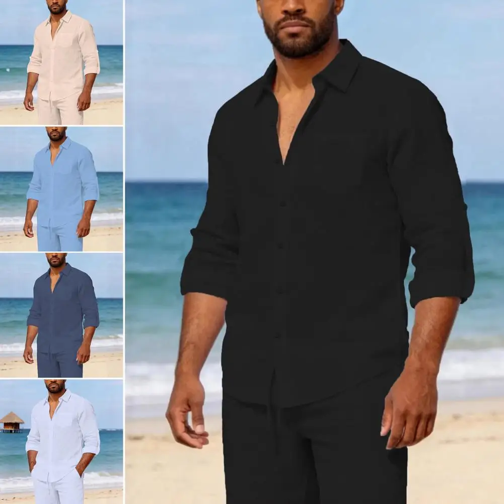 

Men Vacation Shirt Men Long Sleeve Shirt Men's Long Sleeve Button-down Shirt Loose Fit Solid Color Top Turndown for Summer