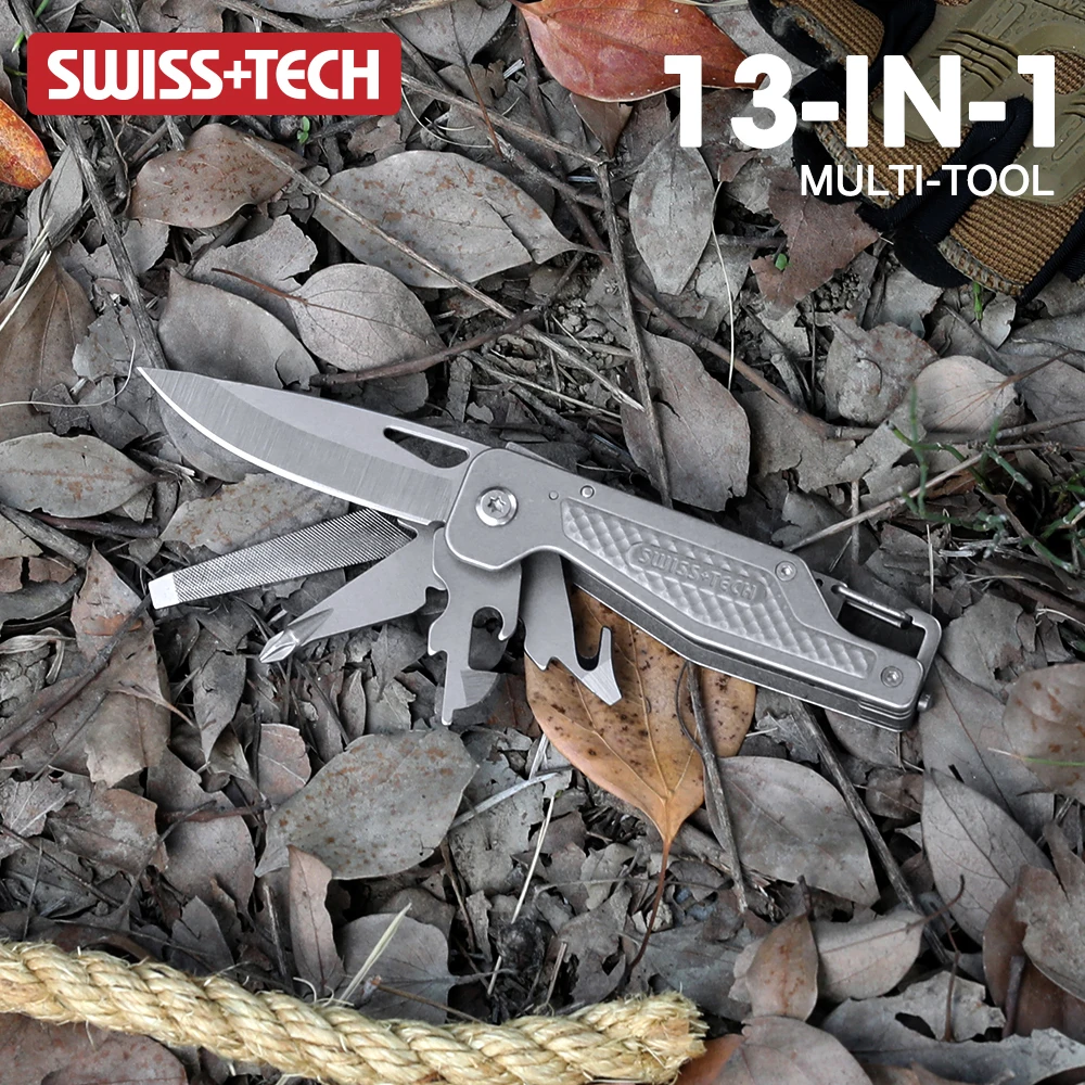 SWISS TECH 13 in 1 Multi-Tool Folding Mutifunctional Knife Screwdriver Can Opener Wire Stripper Outdoor Pocket Tool