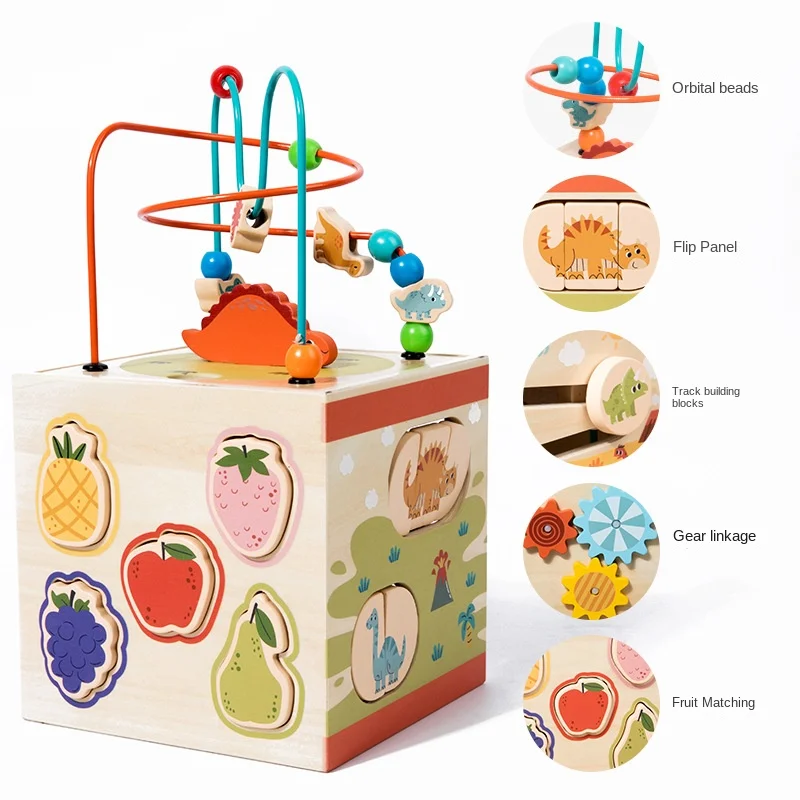 LazyChild Kids Wooden Fruit Shape Matching Early Education Kindergarten Four Sided Multifunctional Bead Maze Activity