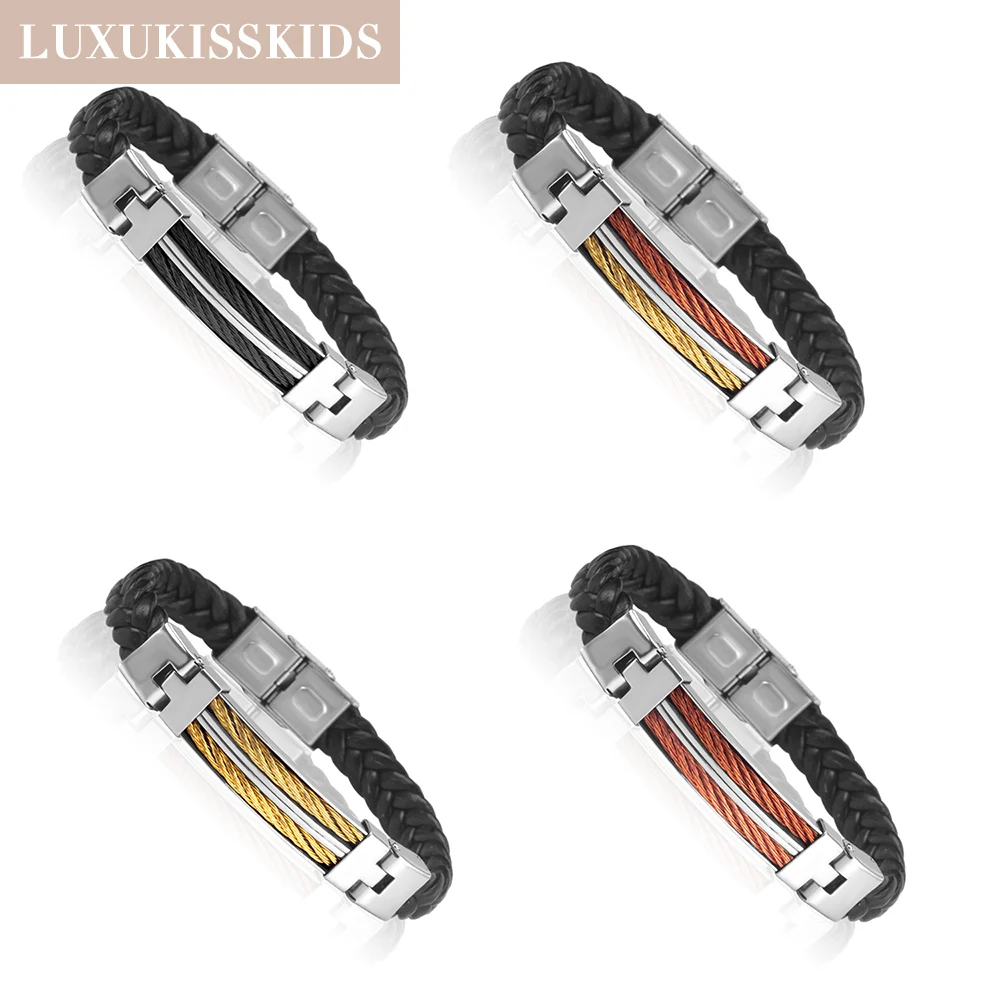 LUXUKISSKIDS Stainless Steel Men Bracelet Pulseras Charm Button Wrap Buckle Leather Bracelets Bangles Jewelry Accessories Mujer