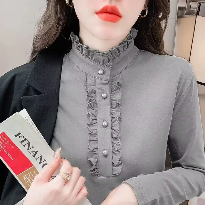 Caramel High-End Fleece Lined Long Sleeve T-Shirt Stand Collar Button Detail Autumn Winter New Style Warm And Stylish for Mom