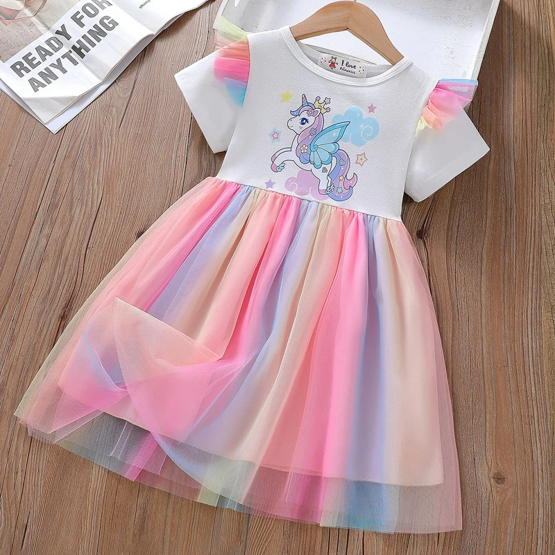 Unicorn Girls Dress 2025 New Kids Clothes Summer Short sleeve Princess Dresses Party Baby Dresses for Children Rainbow 2-8Y