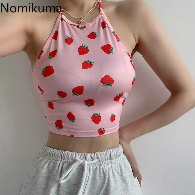 Strawberry Print Sweet Tanks Crop Tops O-neck Bandage Sleeveless Cute Camis Fashion Sexy Backless Summer Vest Women Ropa Mujer