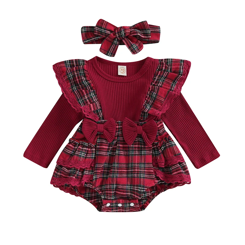 

0-18M Newborn Baby Girls Rompers Christmas Clothes Plaid Patchwork Lace Trim Long Sleeve Toddler Bodysuits with Headband