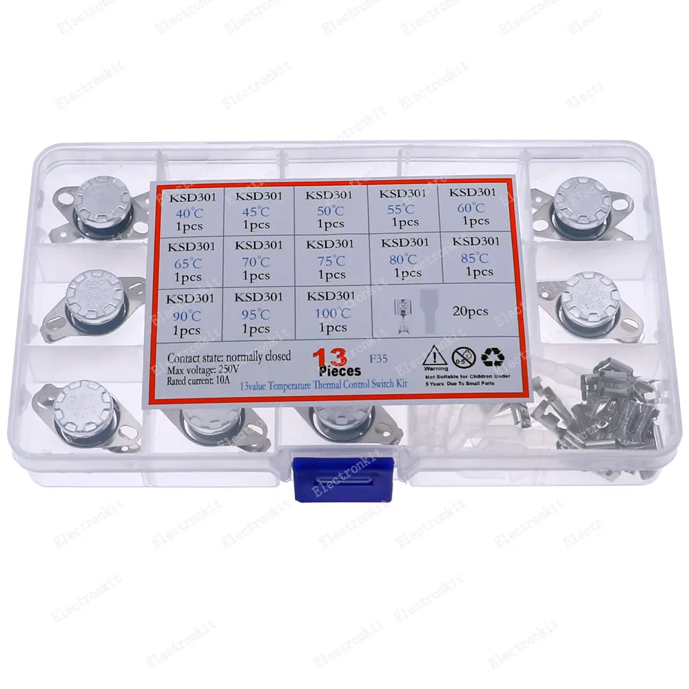 

13pcs 13Value KSD301 Thermostat 40°C-100°C Temperature Thermal Control Switch Normally Close Assortment Mixed Box kit