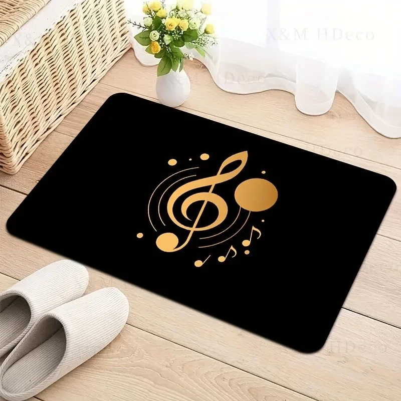 Golden Musical Notes Rug, Machine Washable PVC Backing, Bath Mat & Floor Carpet for Game Room, Bathroom, Kitchen, Entryway Decor